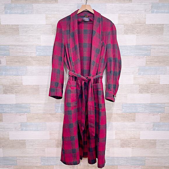 Pendleton Vintage Virgin Wool Robe Red Gray Tartan Plaid Belted Mens Medium - Picture 1 of 7